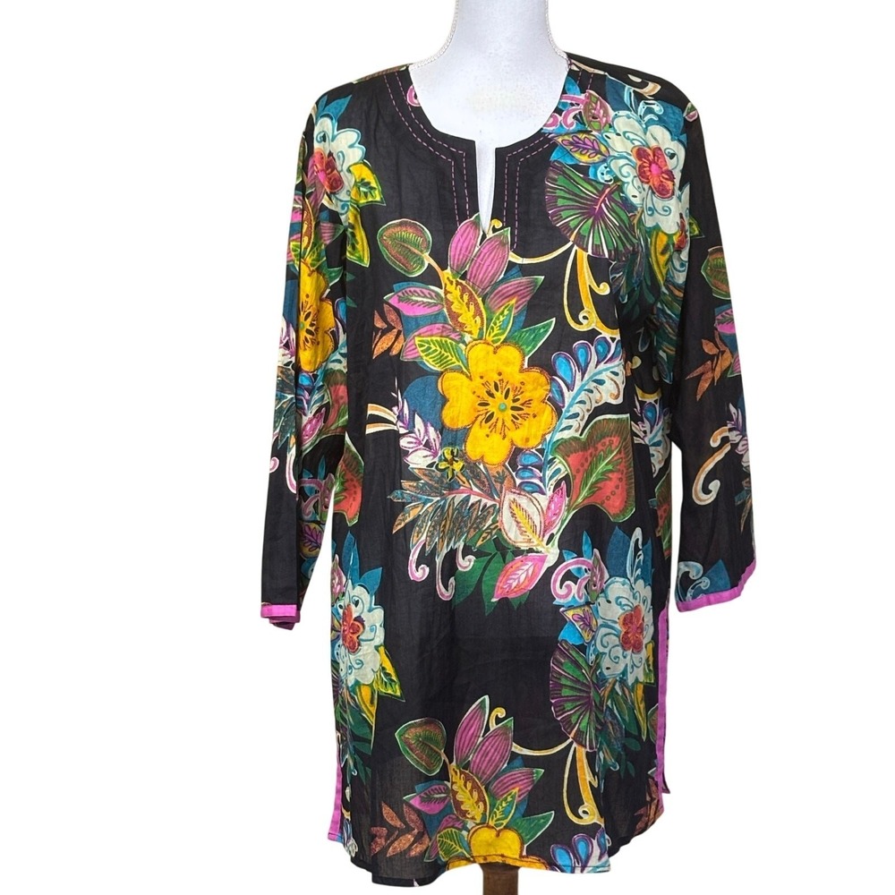 KikiSol Womens XL Cotton Floral Tunic Top Black Pink Split Neck Boho Long Sleeve